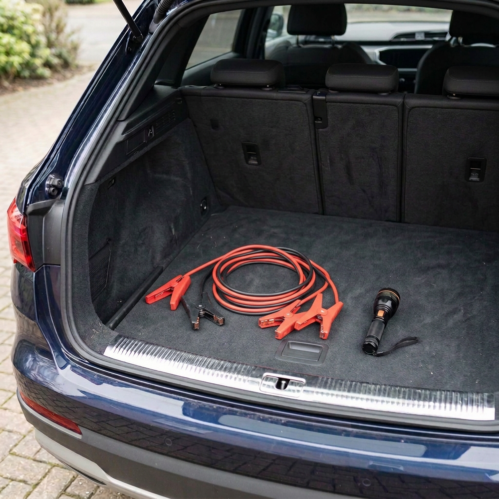 Before photo with traditional car jumper cables and torch