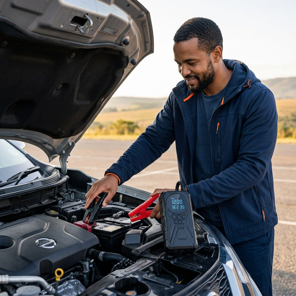 Person jump-starting a car with SafeJourney