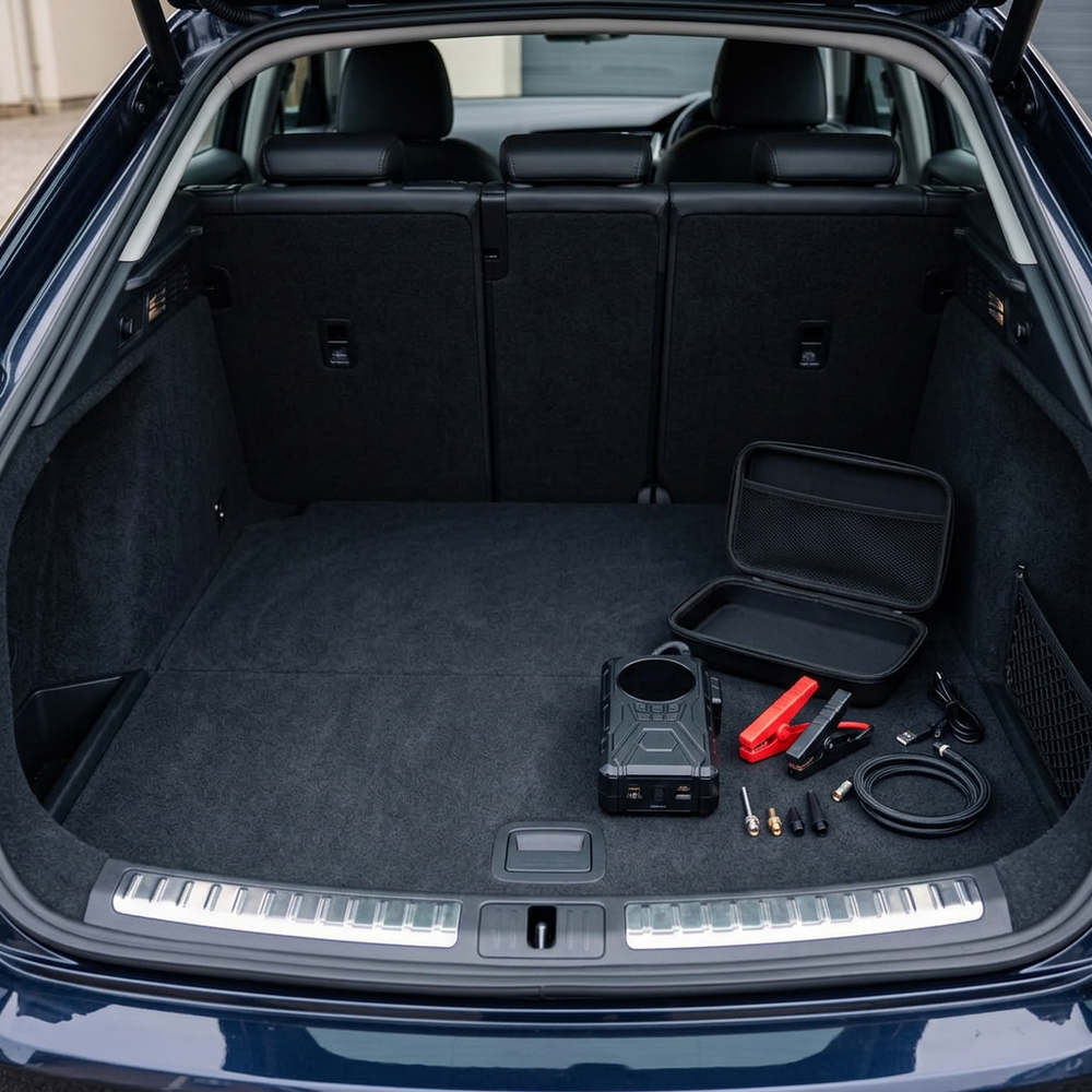 SafeJourney device and accessories neatly arranged in a car boot