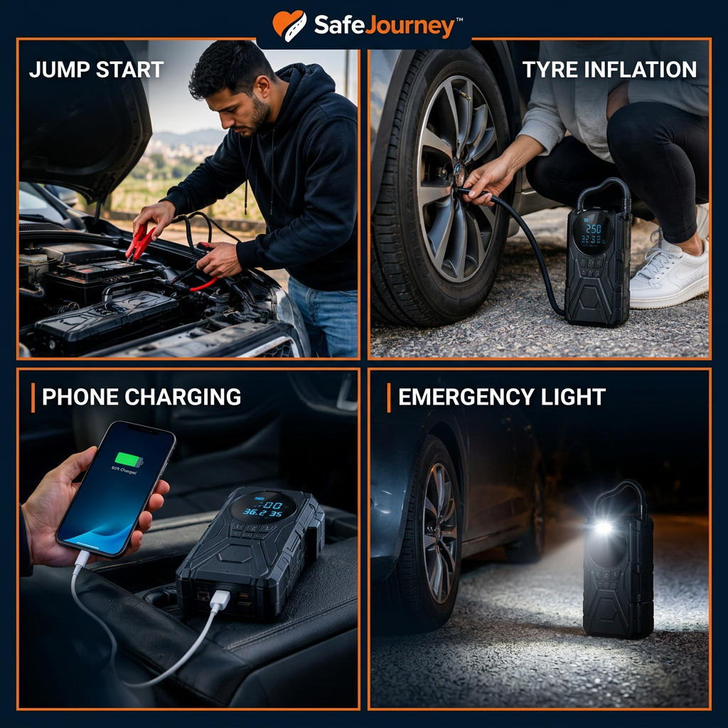 SafeJourney four-in-one picture showing jump-starting, tyre inflation, phone charging, and emergency lighting