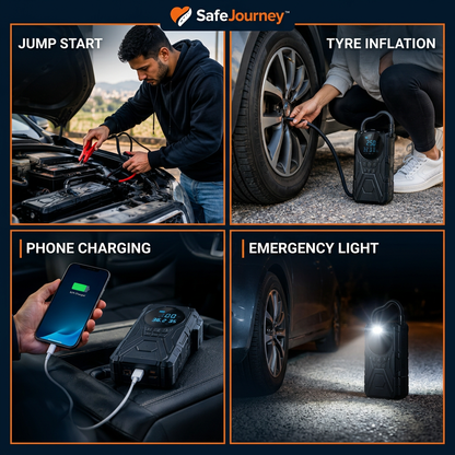 SafeJourney four-in-one picture showing jump-starting, tyre inflation, phone charging, and emergency lighting