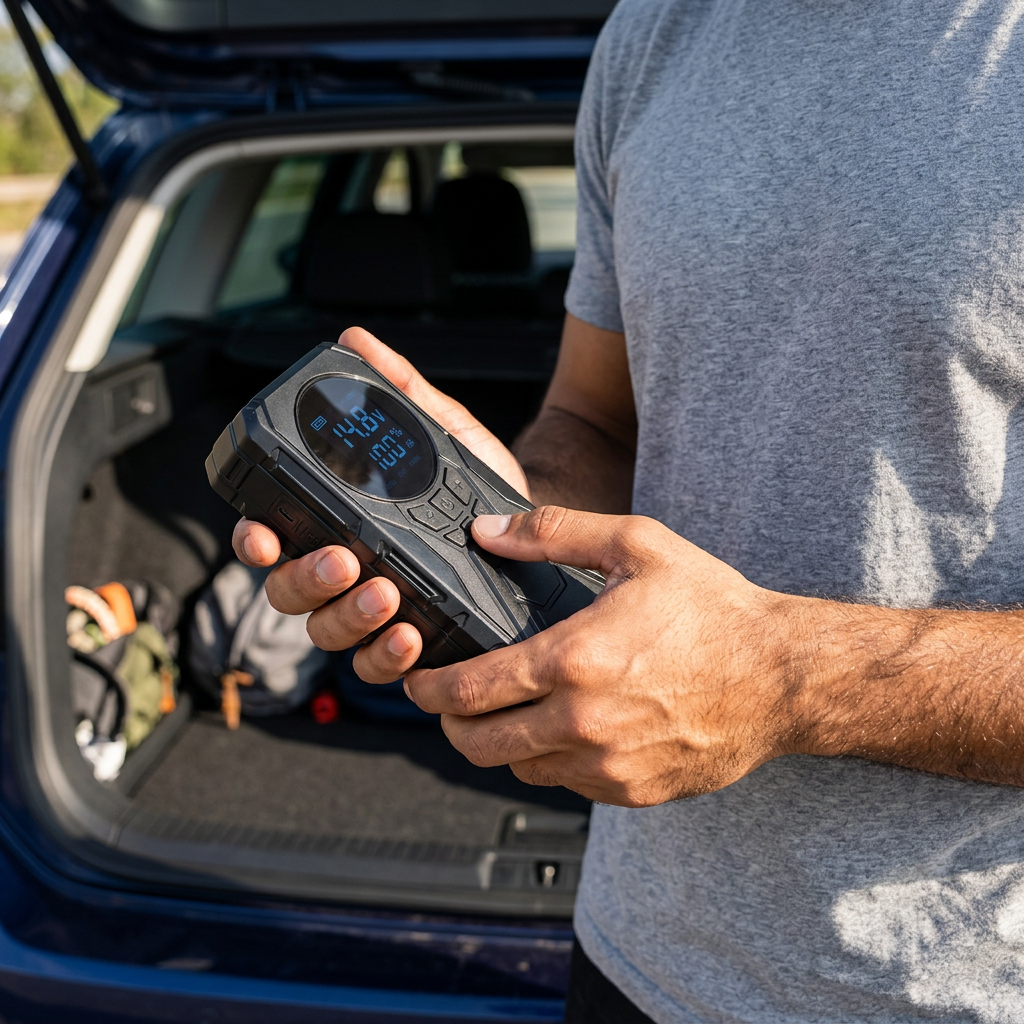 SafeJourney held in a man’s hands beside a car